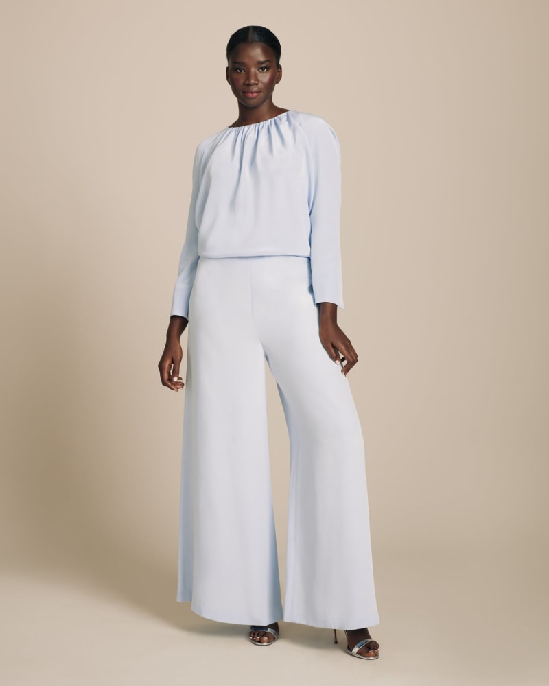 Front of a model wearing a size 12 Crepe Silk Wide Leg Pant¬† in Ice Blue by Adam Lippes. | dia_product_style_image_id:218908
